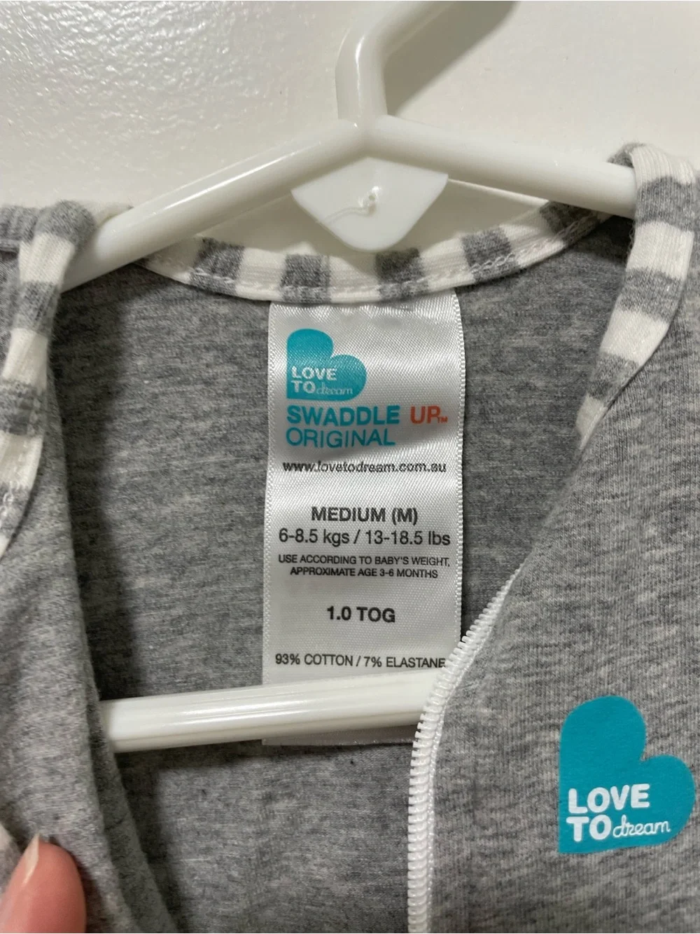 Gray Baby Swaddle Sleep Sack with White Striped Trim